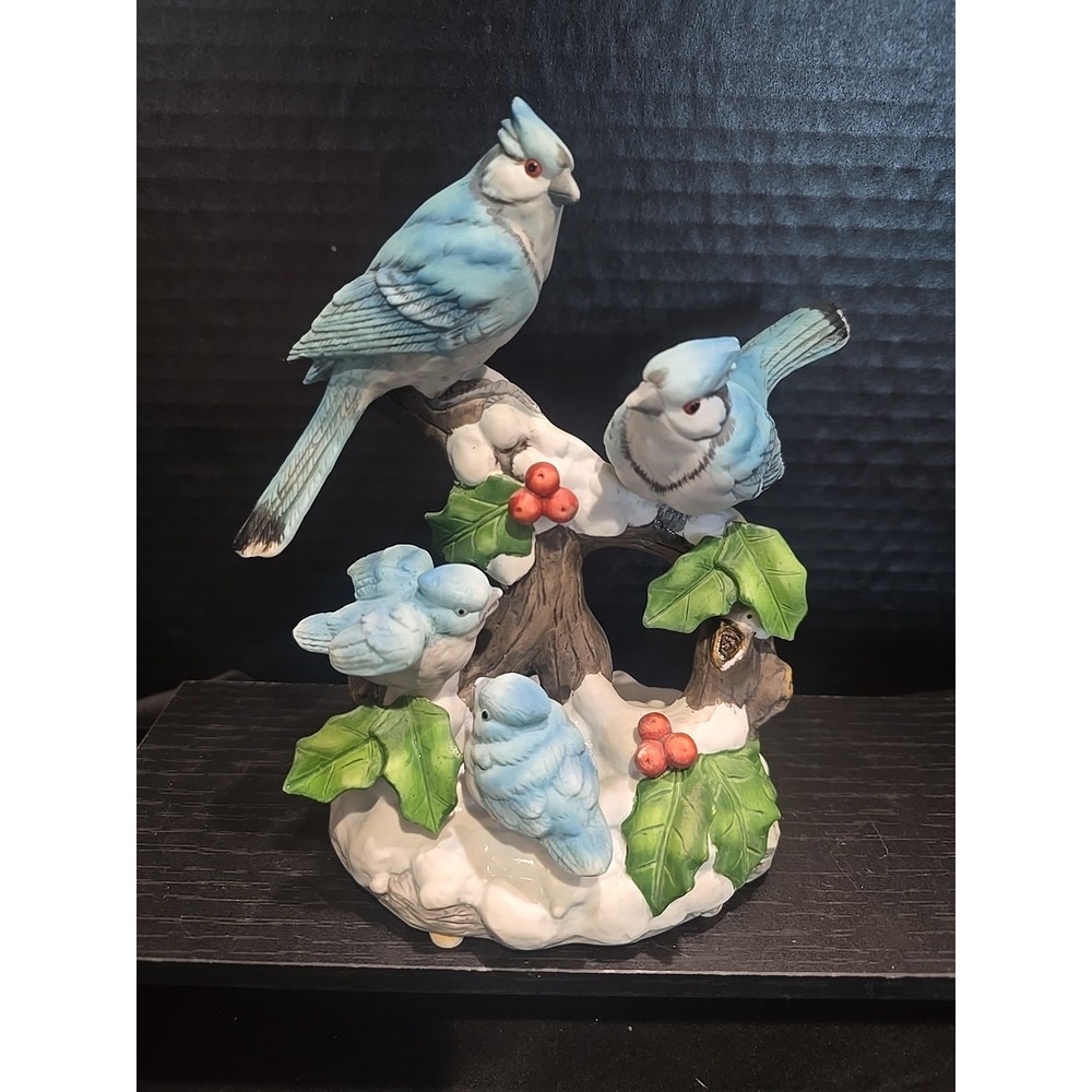 Wintertime‎ Woodland Blue Jays Figurine 7" Family Snowy Branch Holly Berries